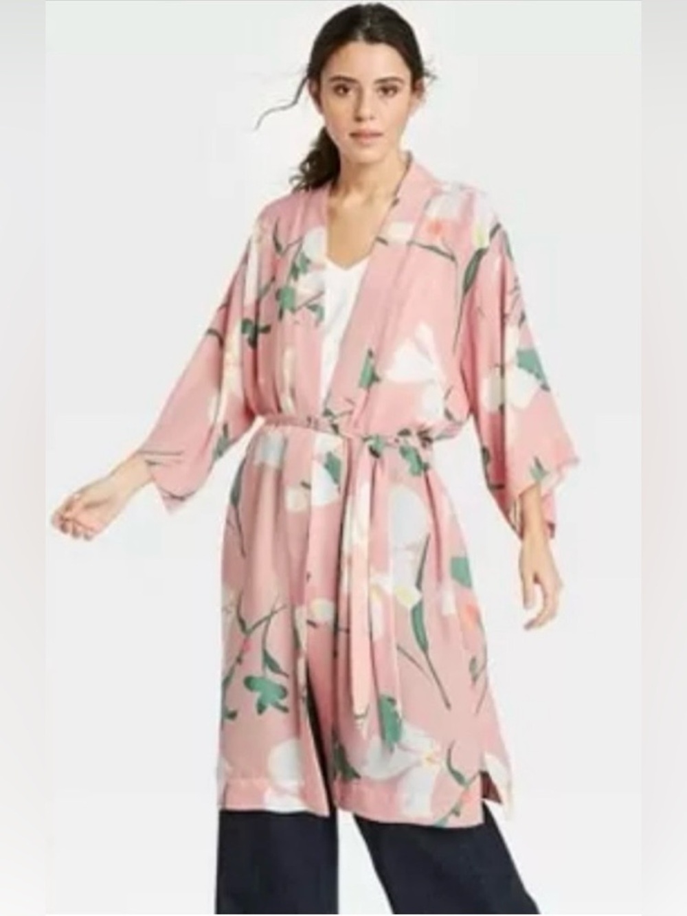 A New Day Women's Pink Floral Kimono Robe - Lightweight Wrap